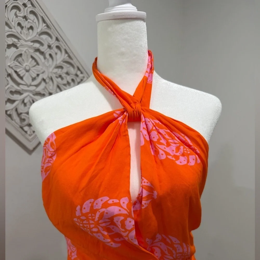 Aakaa Orange Pink Halter Wrap Dress Size L Printed Tropical Summer Boho Mini
